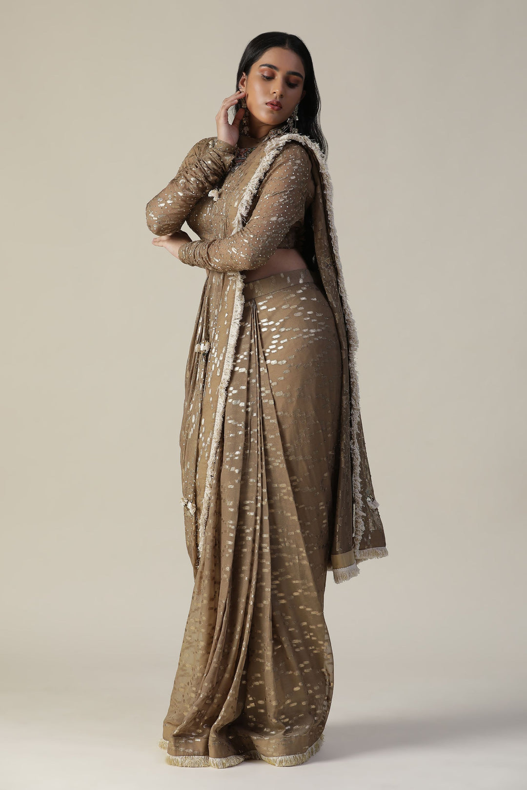 Gold Georgette Pre-Draped Saree