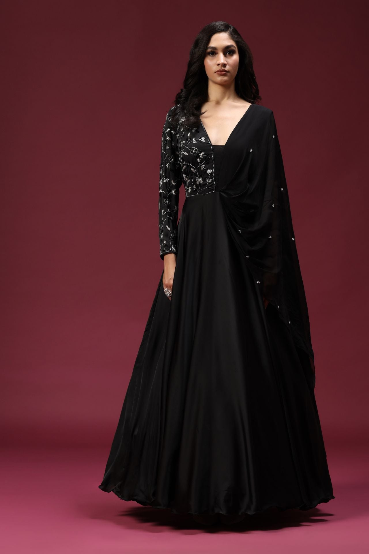 Black Gown Embellished with Pearl and Cutbeads