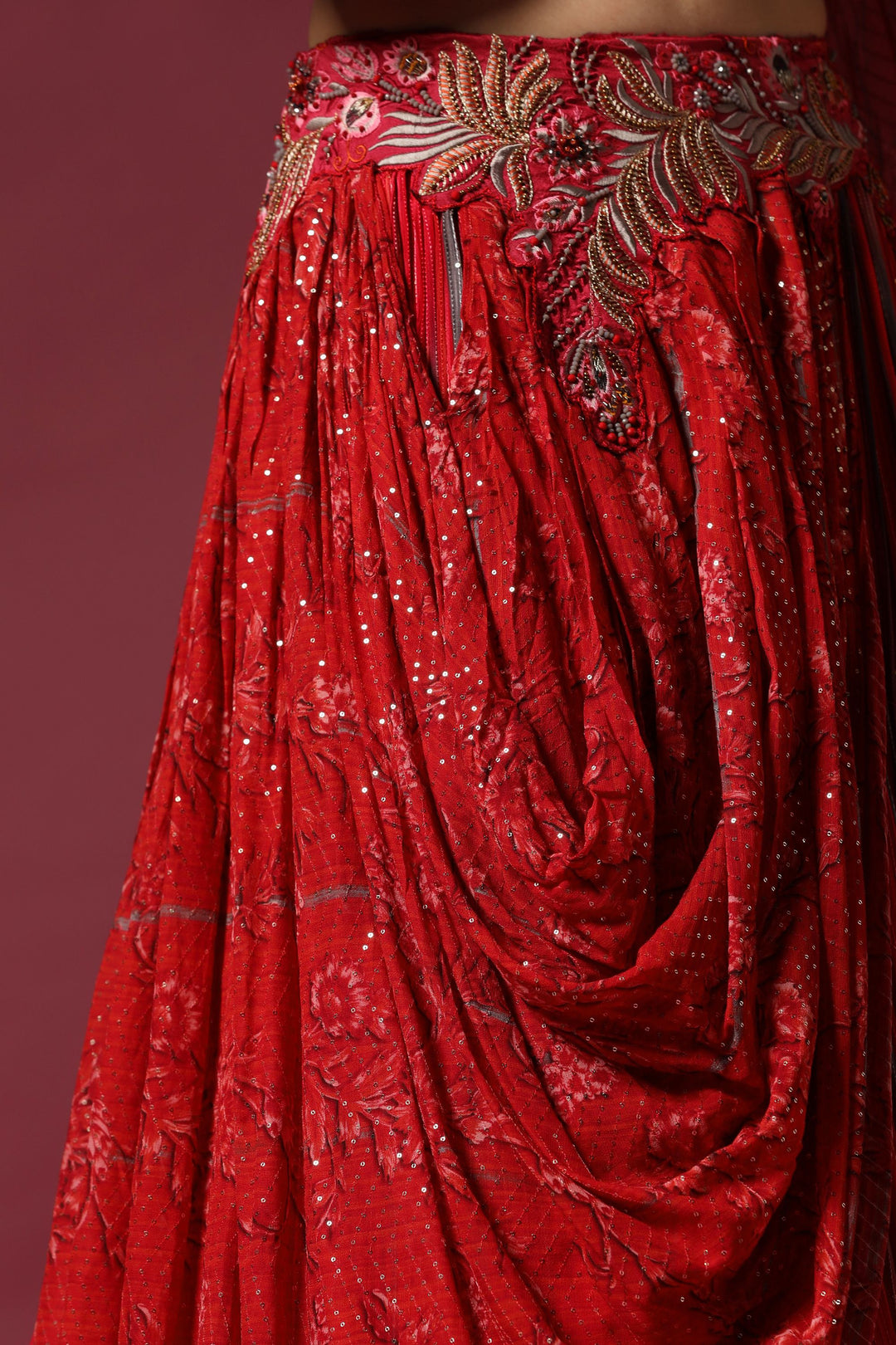 Red Embroidered Georgette Draped Lehenga Set