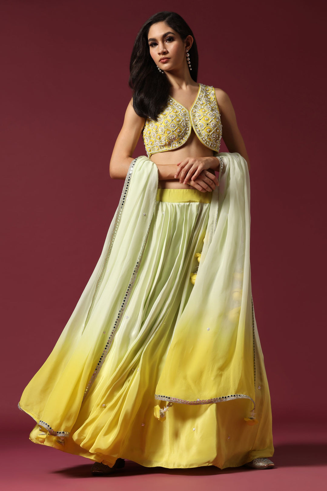 Shaded Yellow Embroidered Ombre Lehenga Set
