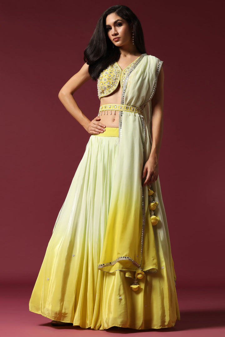Shaded Yellow Embroidered Ombre Lehenga Set