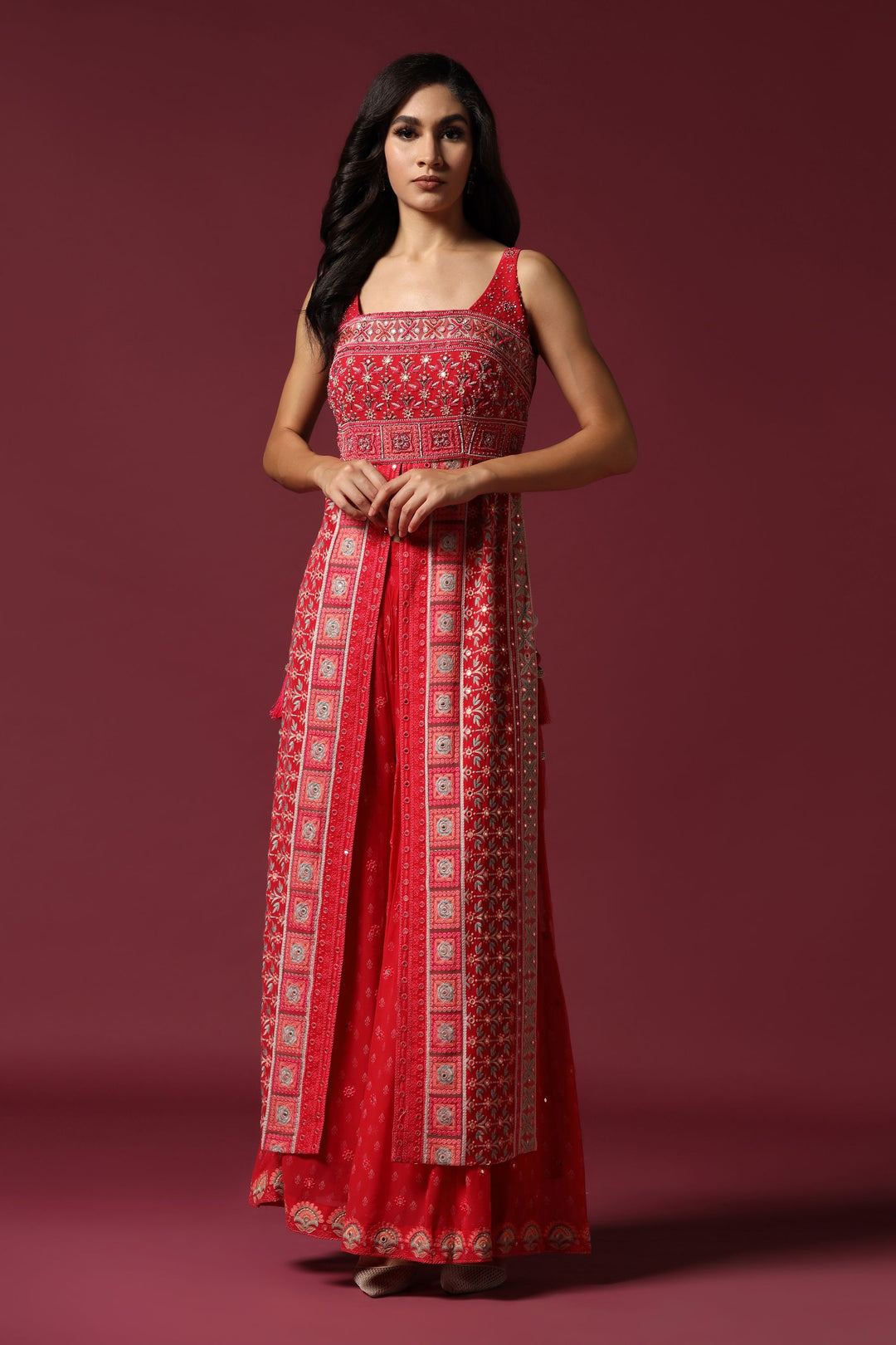 Red Printed and Embroidered Sharara Set