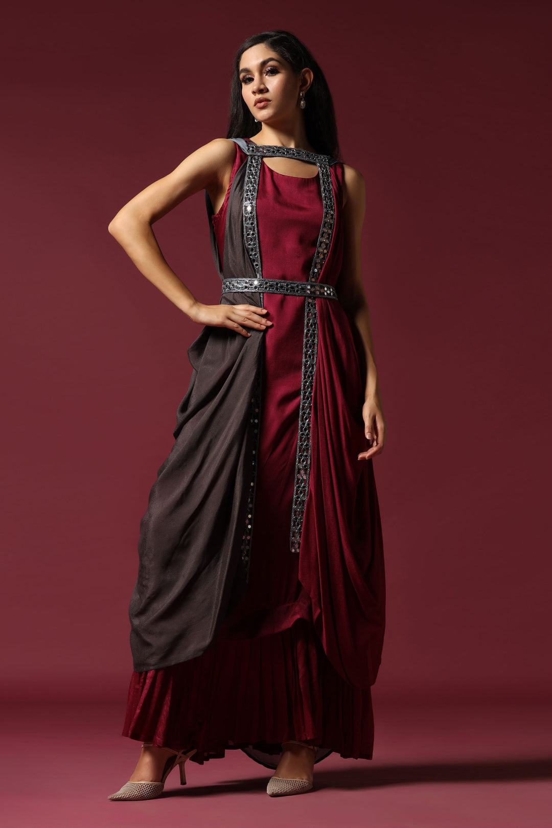 Maroon and Grey Draped Cape Set with Belt