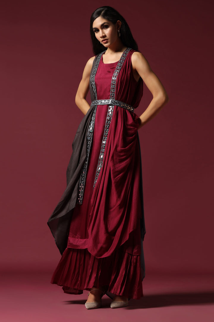 Maroon and Grey Draped Cape Set with Belt