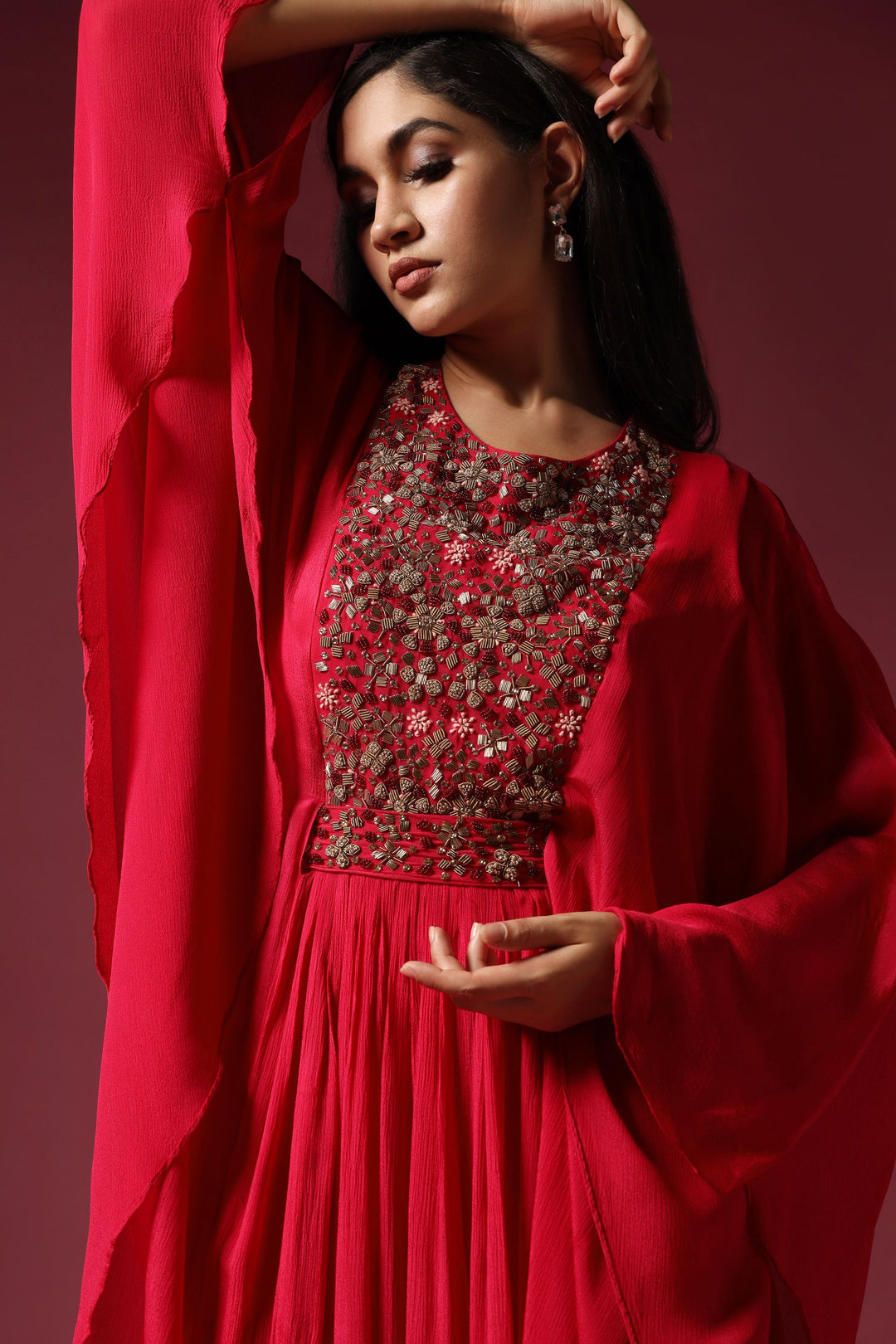 Hot Pink Kaftan Sleeve Embroidered Gown