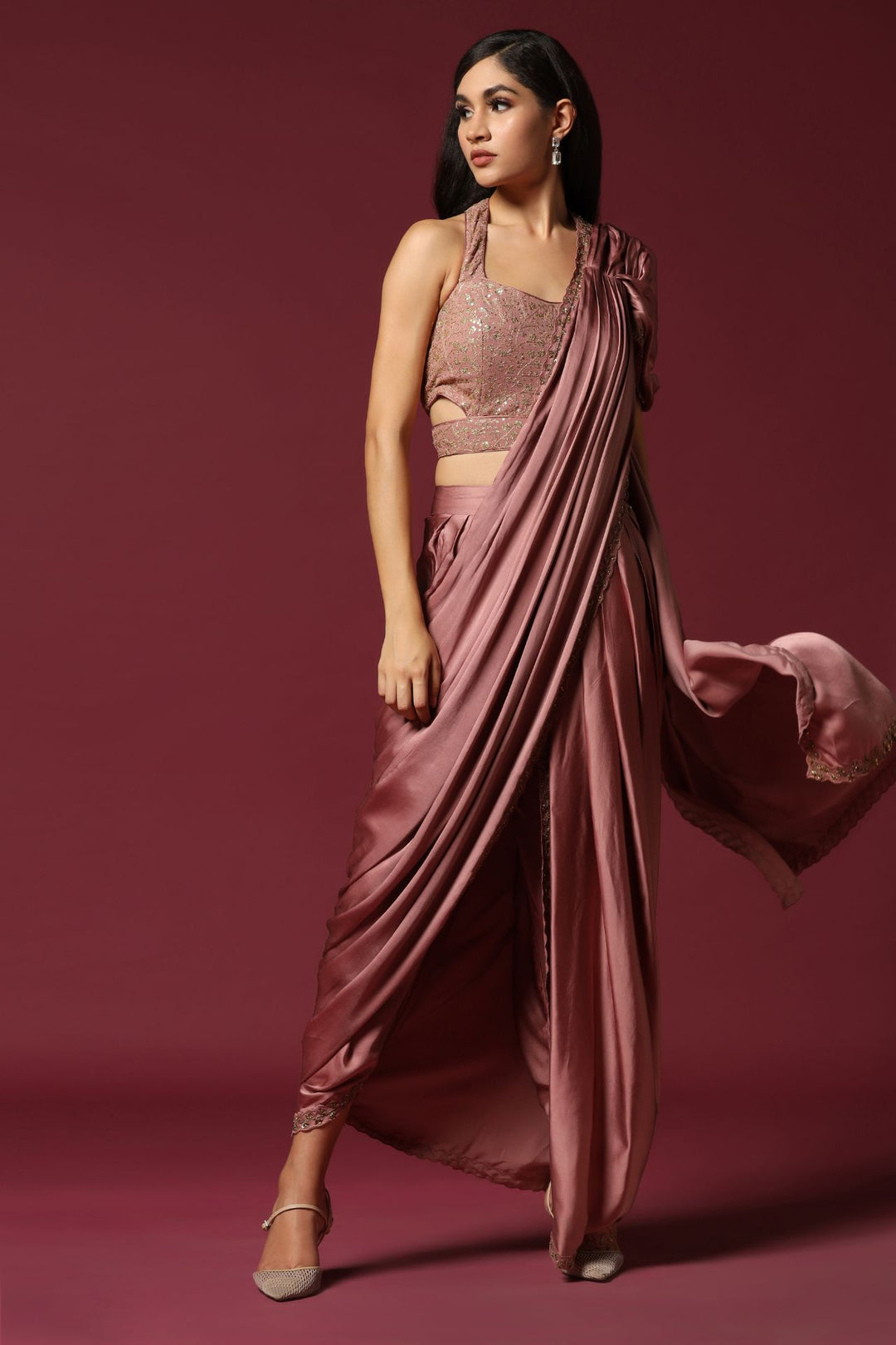 Dusty Pink Dhoti Drape Saree