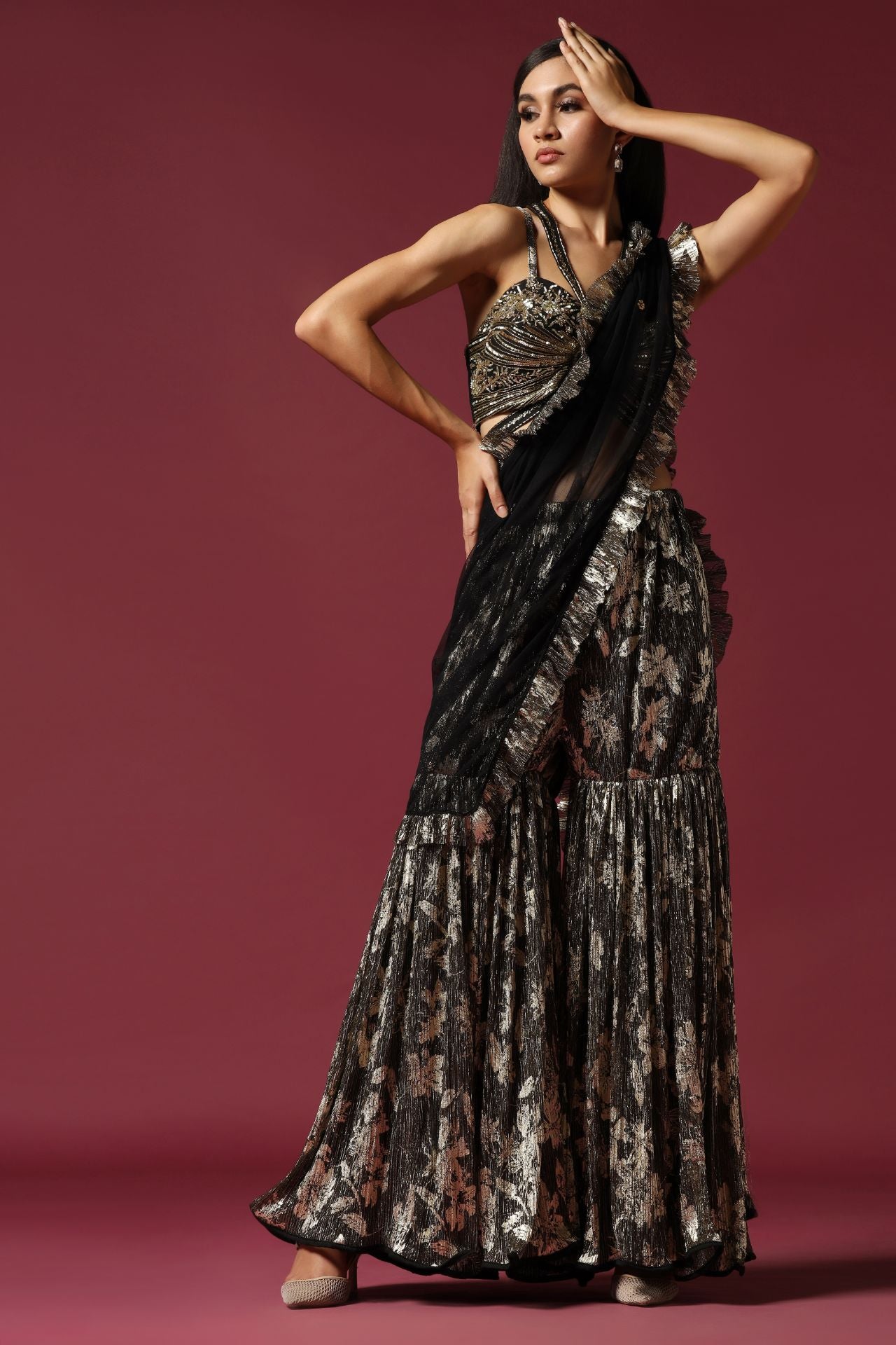 Black Gold Drape Saree with Hand Embroidered Blouse