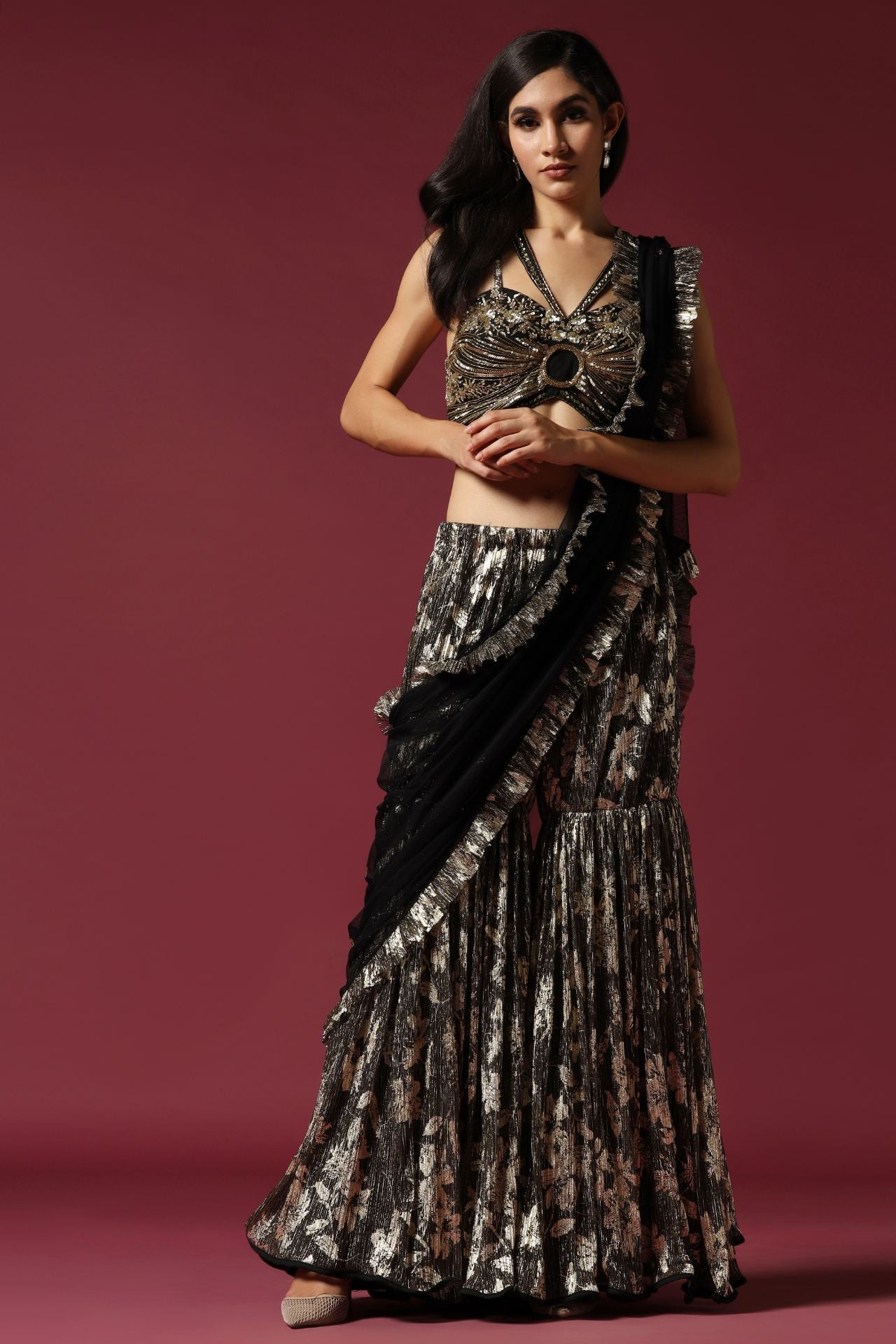 Black Gold Drape Saree with Hand Embroidered Blouse