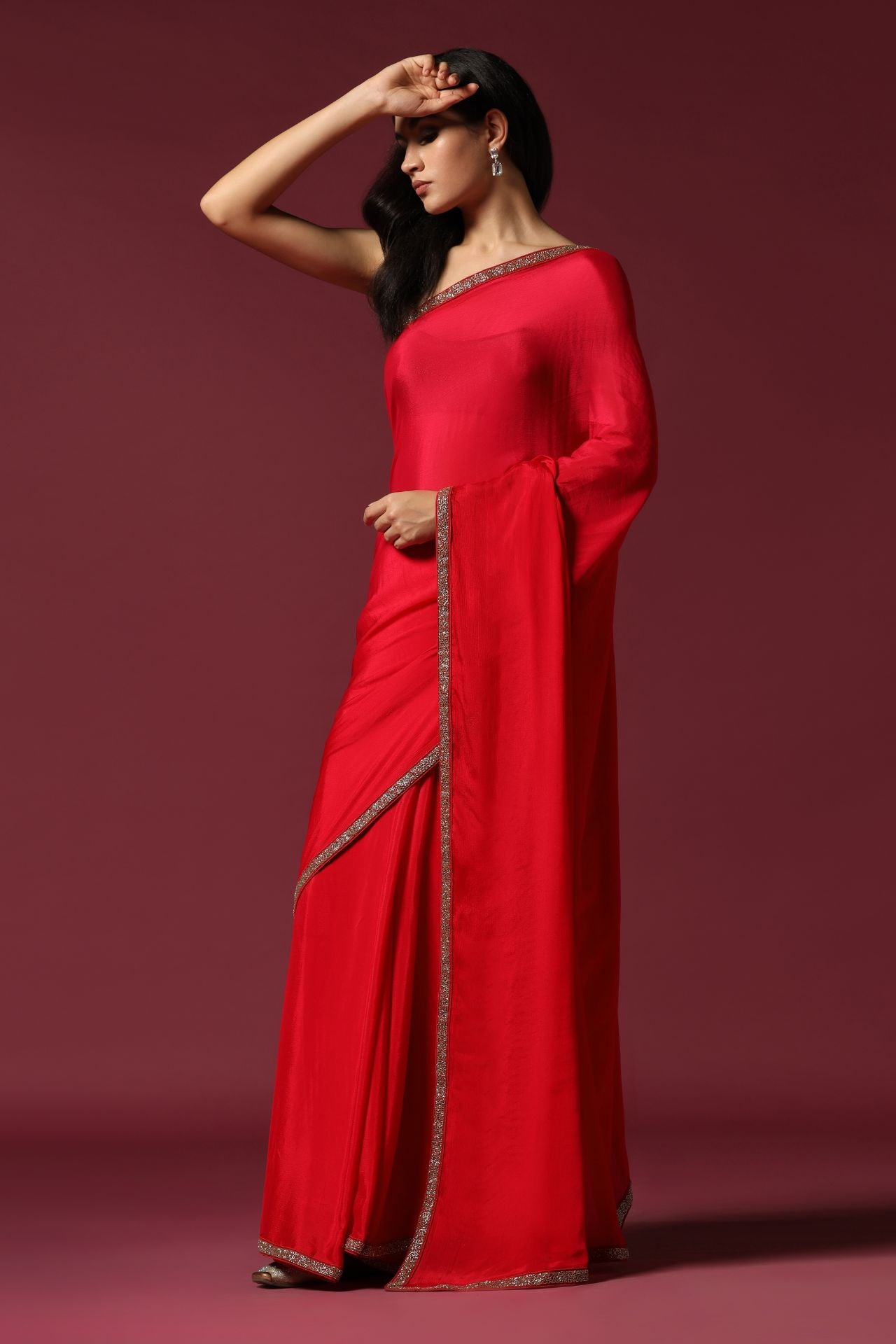 Red Saree with Hand Embroidery On The Border