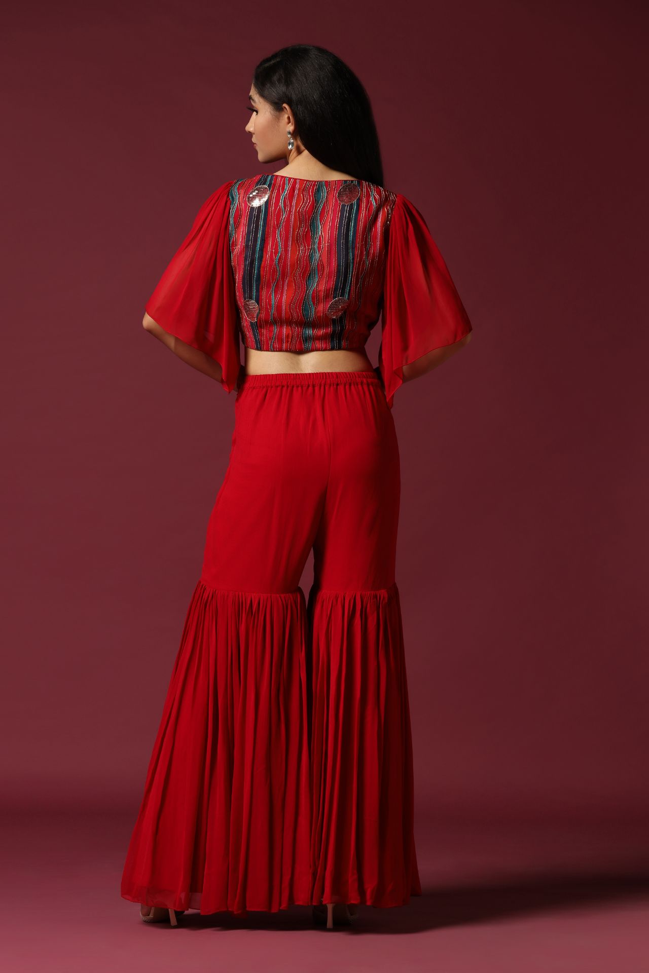 Red Gharara Set with Flared Top
