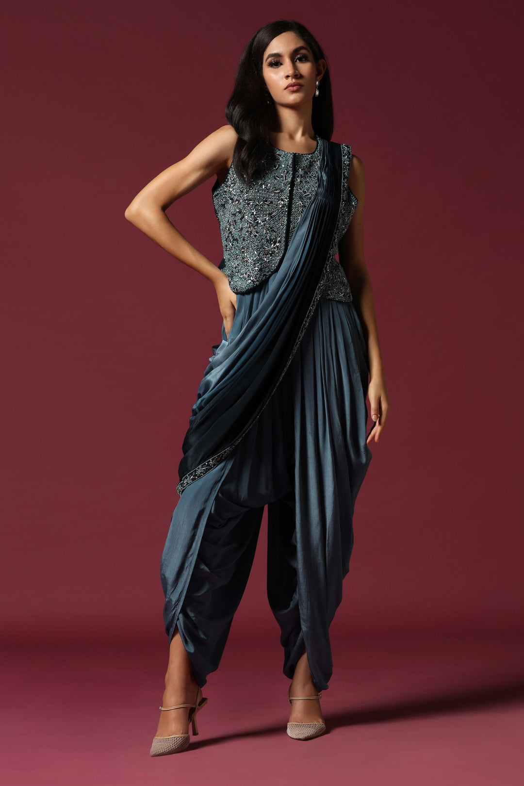Shaded Blue Embroidered Dhoti Set