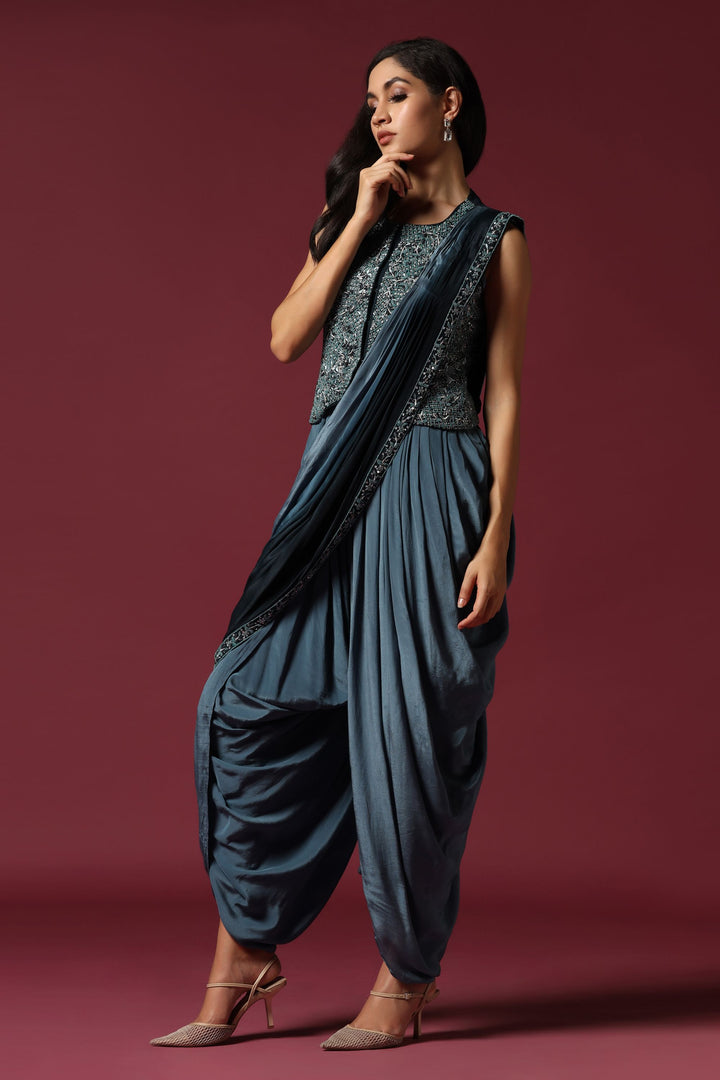 Shaded Blue Embroidered Dhoti Set