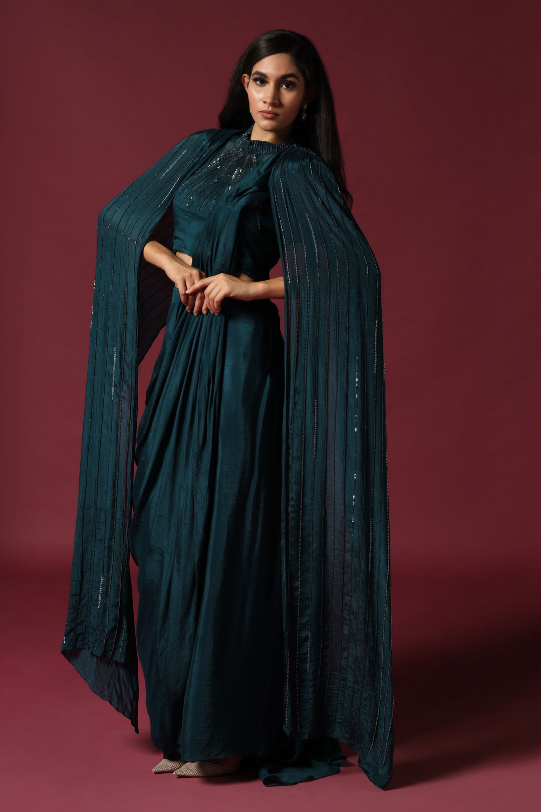 Teal Green Pre-Draped Saree with A Shoulder Cape