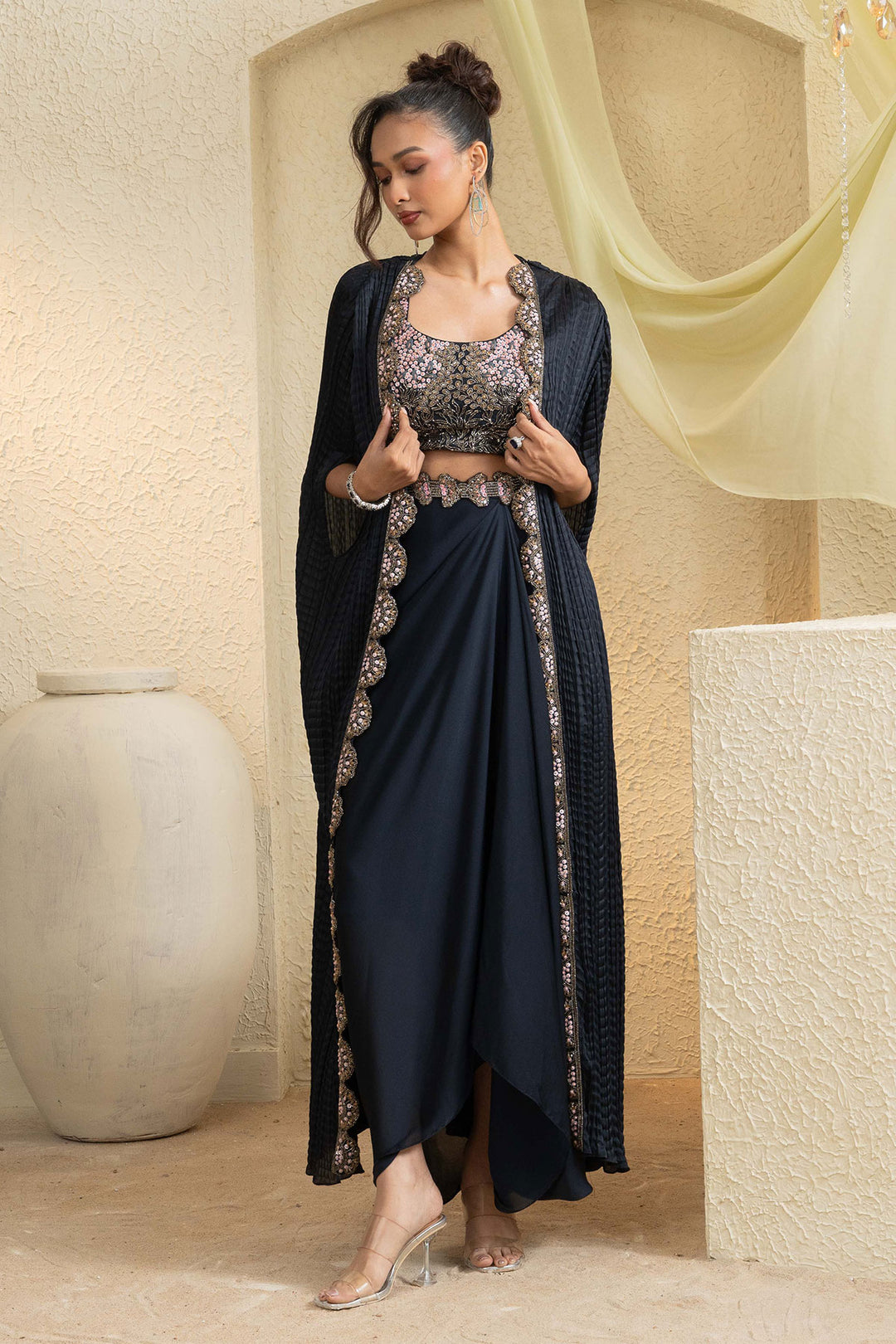 Twilight Elegance Embroidered Cape Set