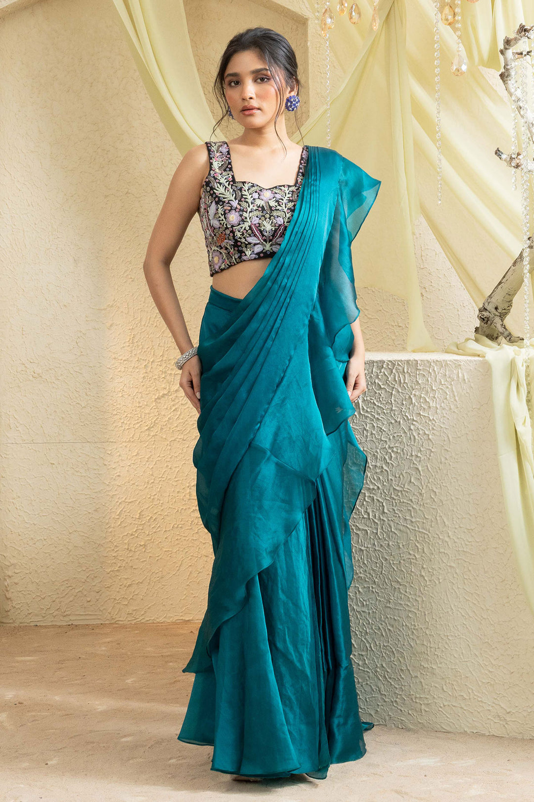 Serene Aqua Hand-Embroidered Saree