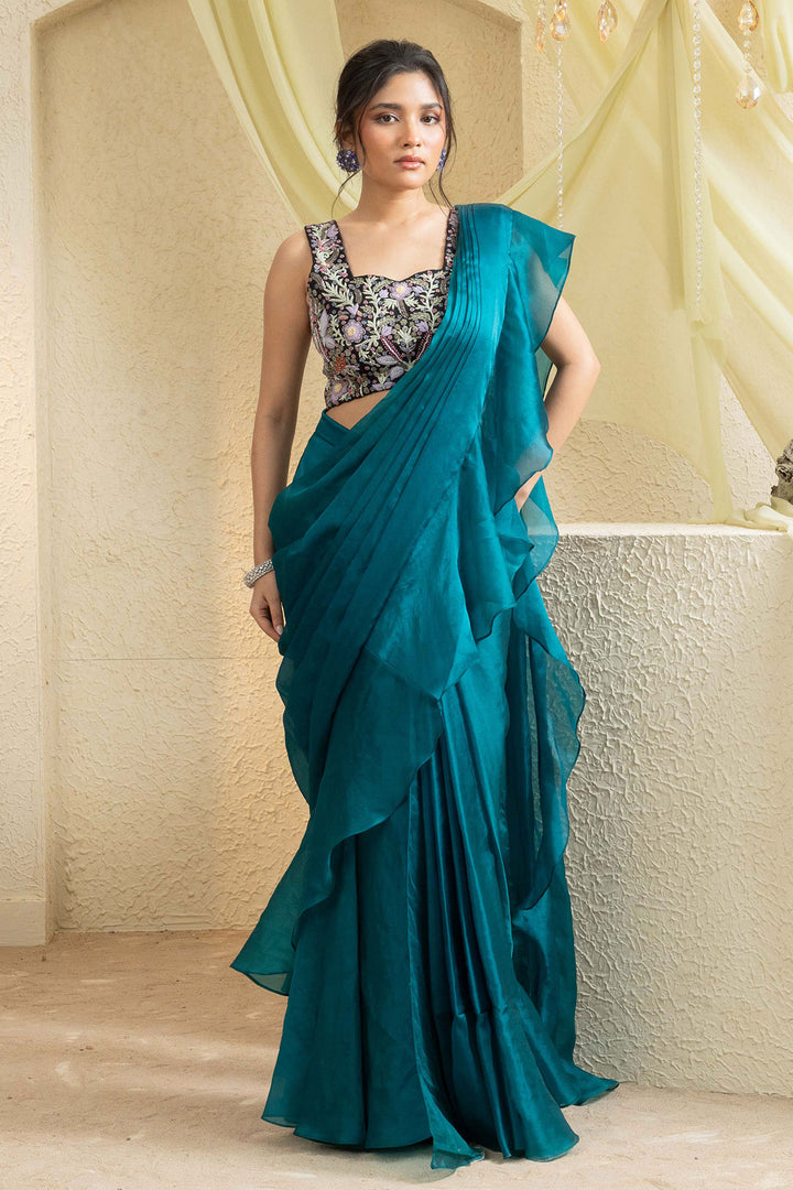 Serene Aqua Hand-Embroidered Saree