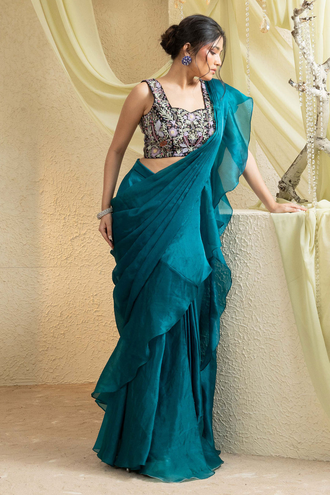 Serene Aqua Hand-Embroidered Saree