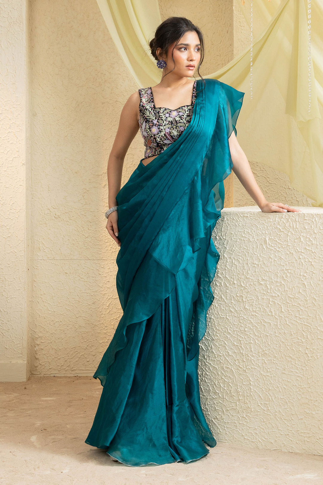 Serene Aqua Hand-Embroidered Saree