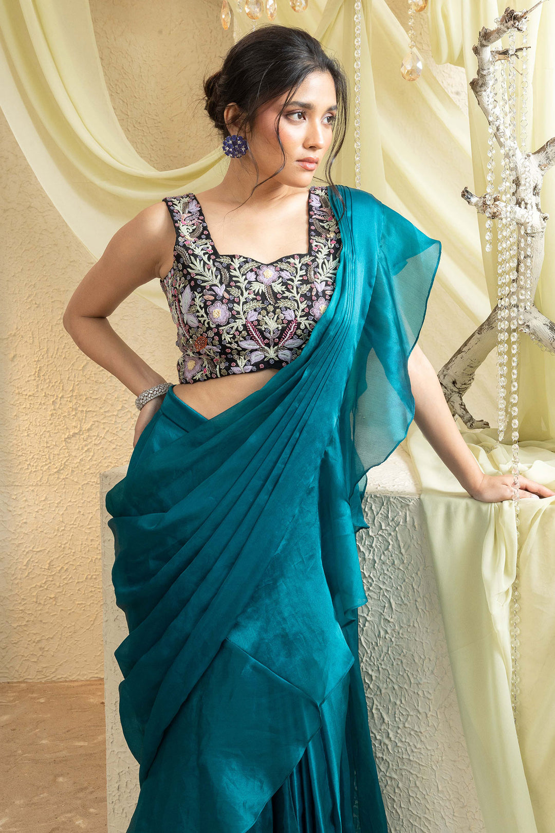 Serene Aqua Hand-Embroidered Saree
