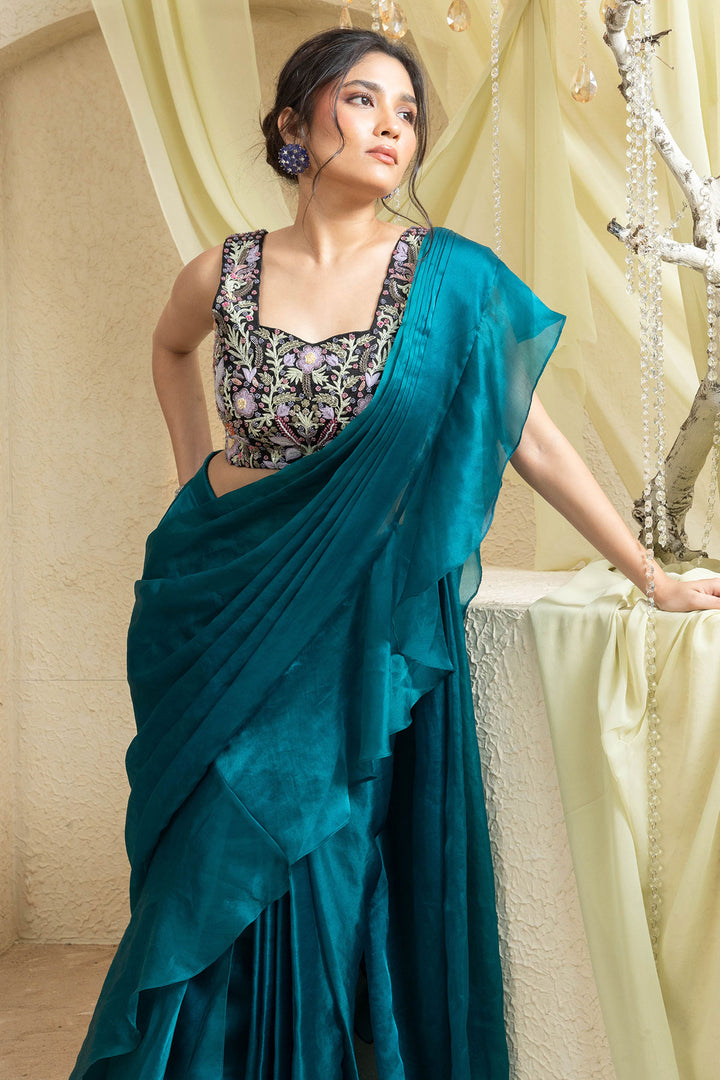 Serene Aqua Hand-Embroidered Saree