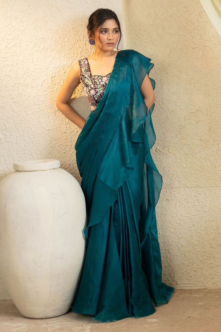 Serene Aqua Hand-Embroidered Saree