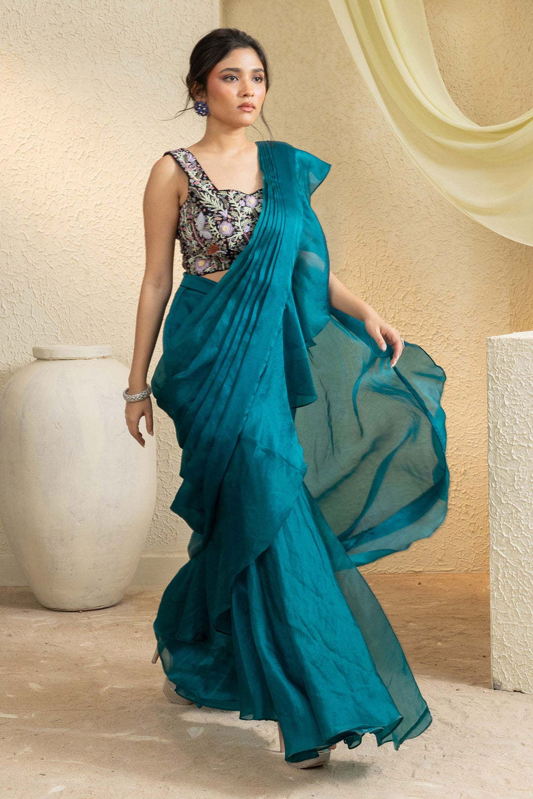 Serene Aqua Hand-Embroidered Saree
