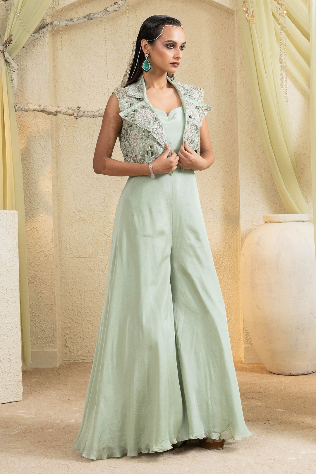 Sage Glow Embroidered Jacket Jumpsuit