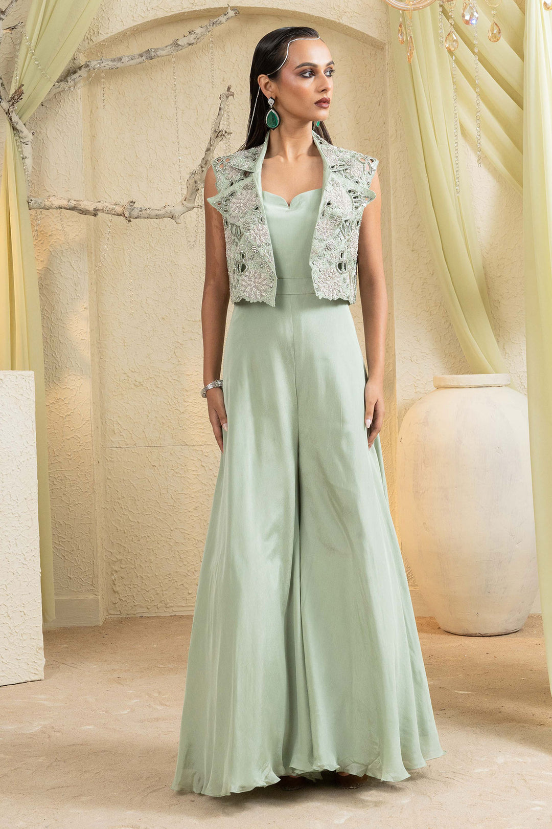 Sage Glow Embroidered Jacket Jumpsuit