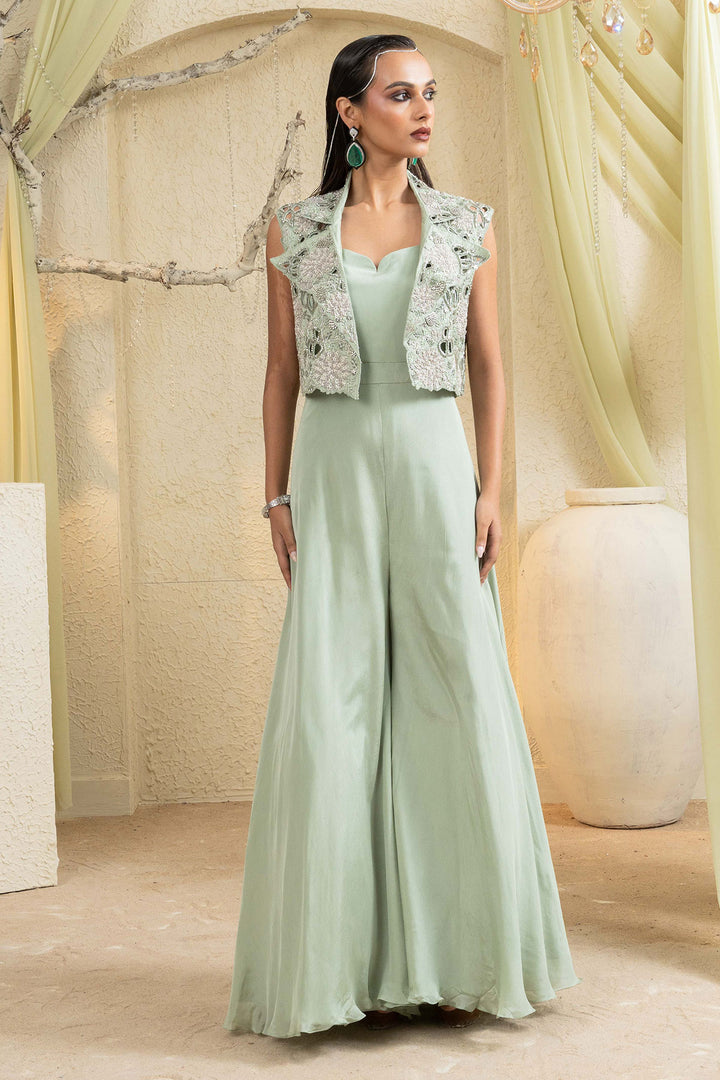 Sage Glow Embroidered Jacket Jumpsuit