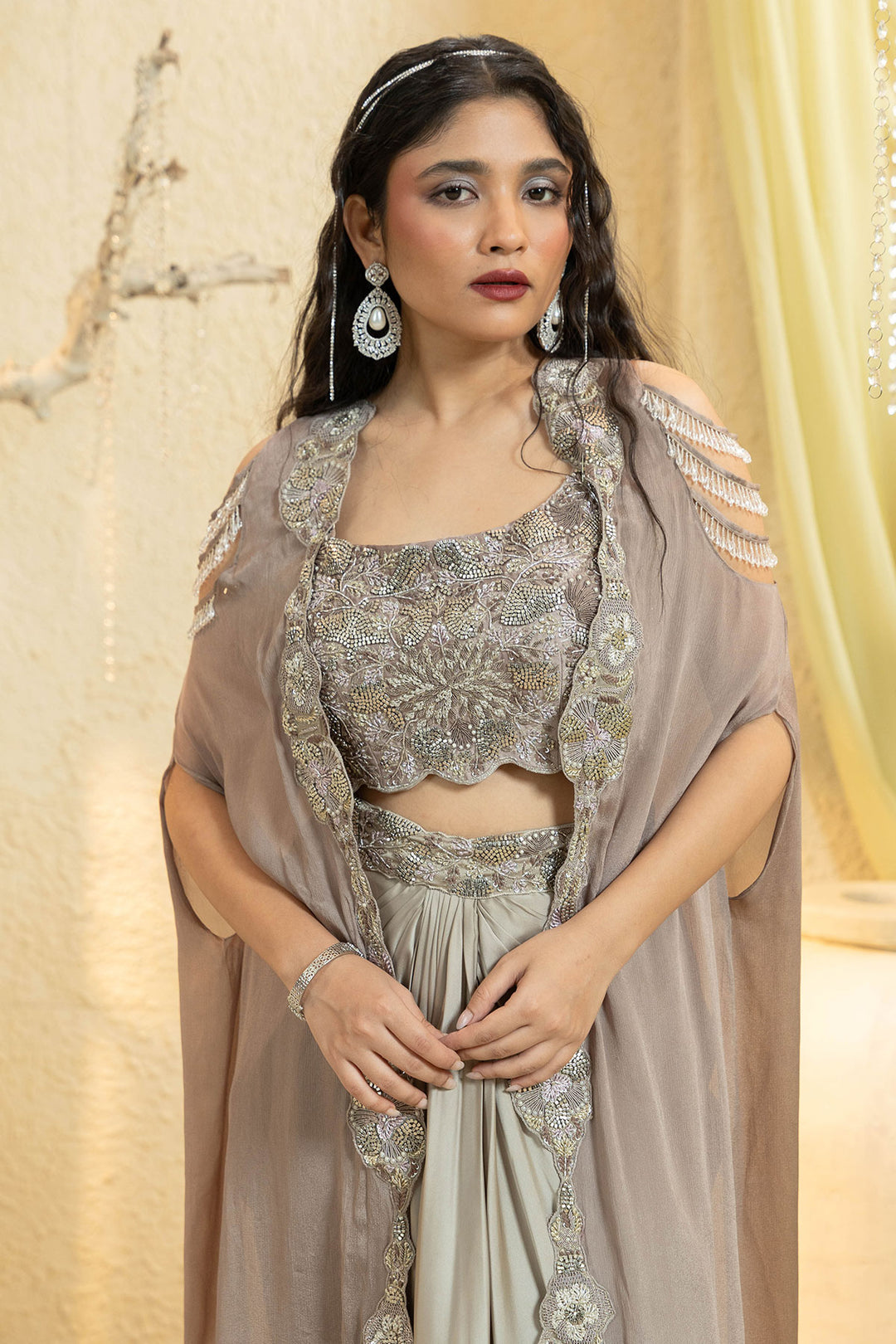 Golden Glow Embroidered Cape Set