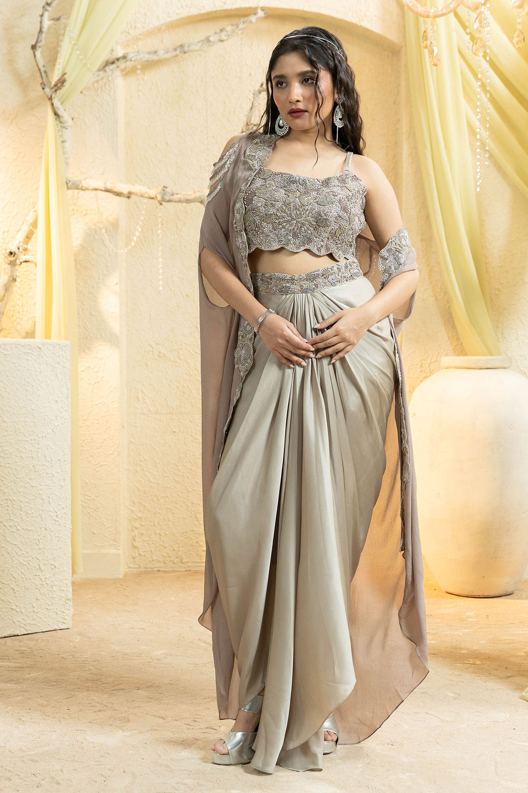 Golden Glow Embroidered Cape Set