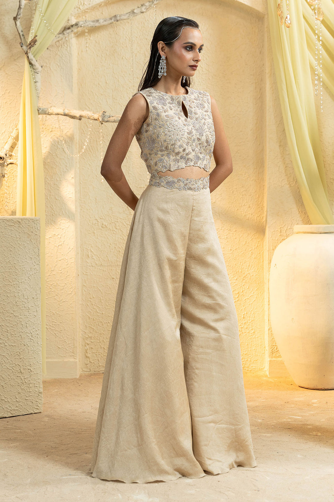 Elegant Beige Hand-Embroidered Jumpsuit
