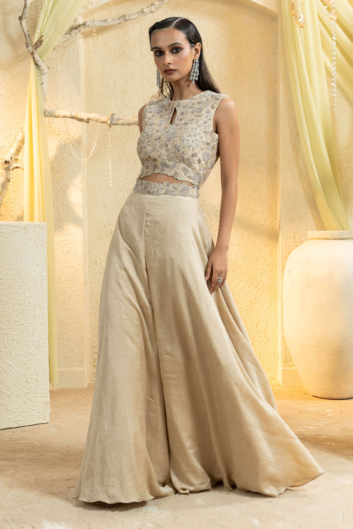 Elegant Beige Hand-Embroidered Jumpsuit