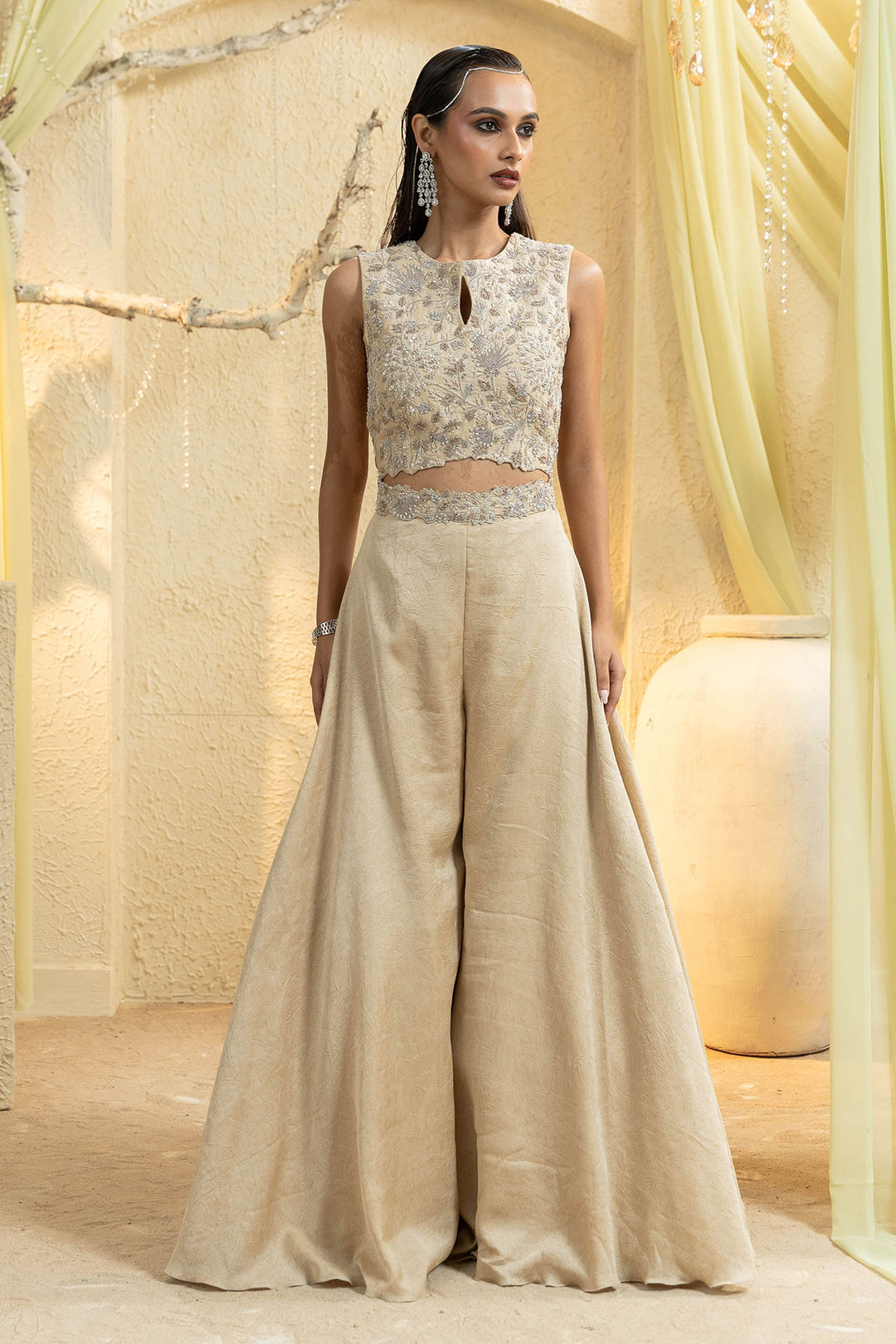 Elegant Beige Hand-Embroidered Jumpsuit