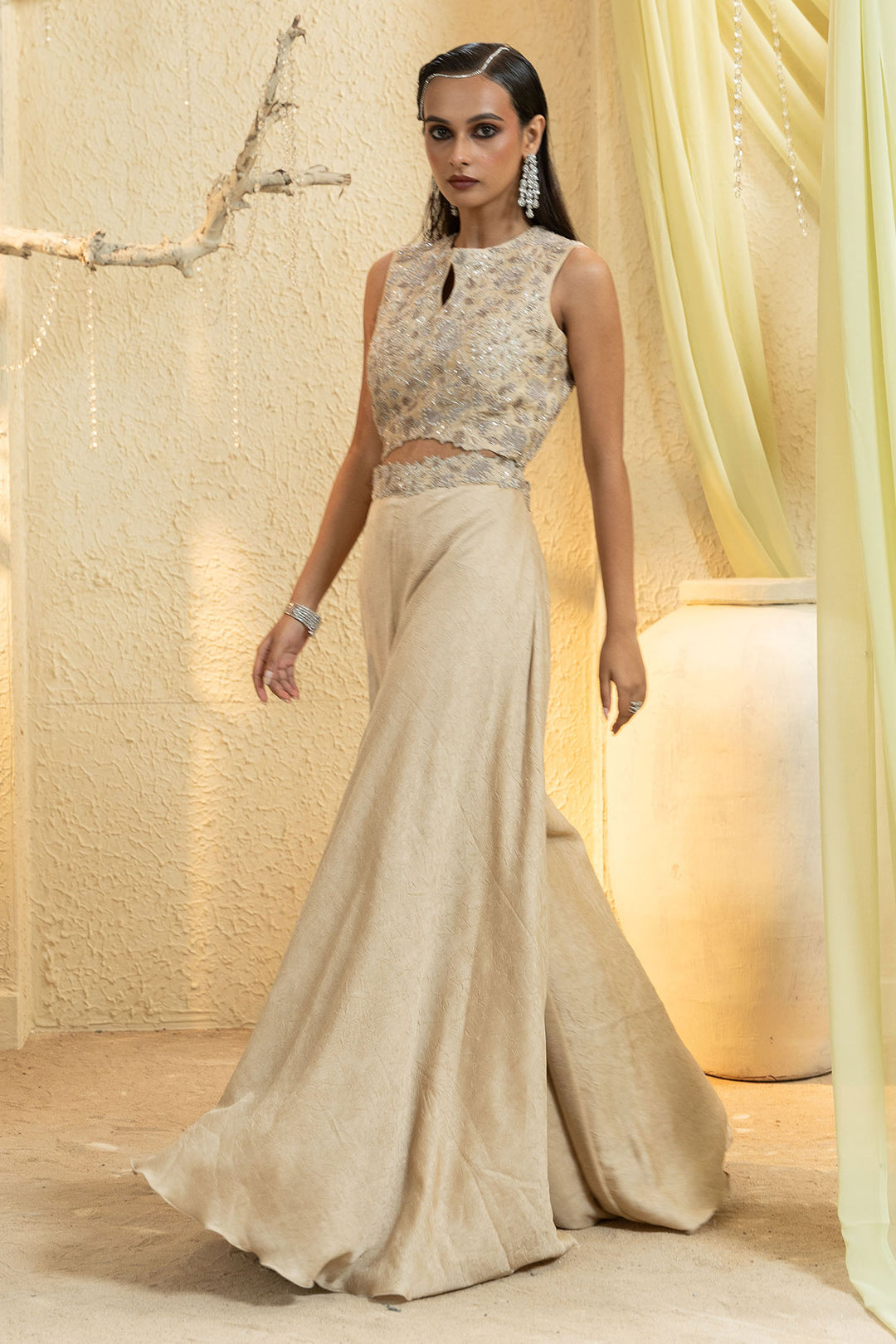 Elegant Beige Hand-Embroidered Jumpsuit