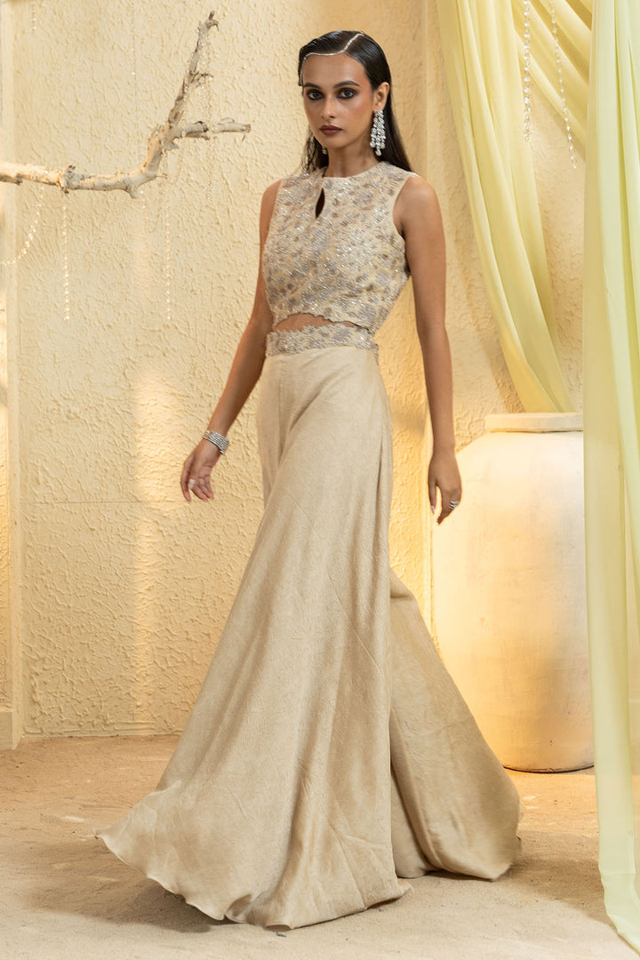 Elegant Beige Hand-Embroidered Jumpsuit