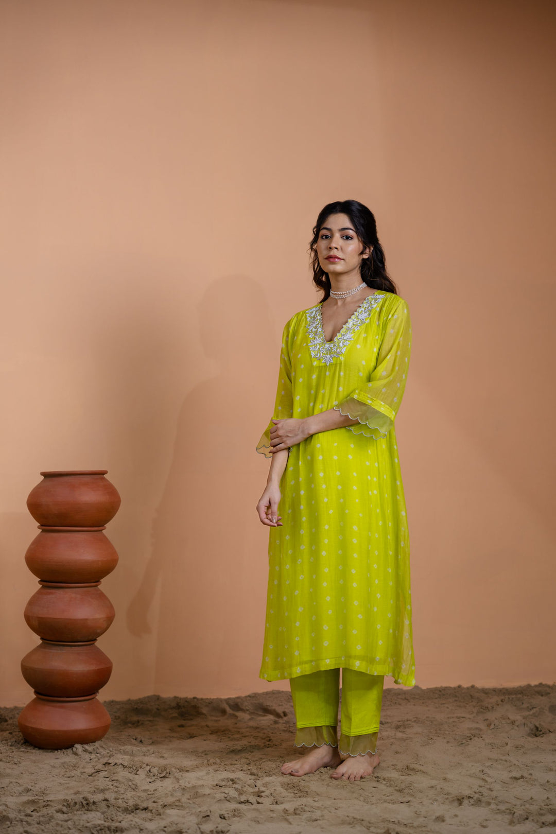 Neon Green Bandhani Kurta Set