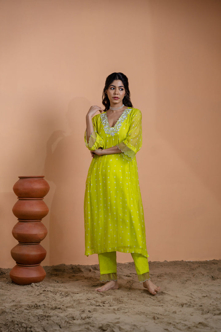 Neon Green Bandhani Kurta Set