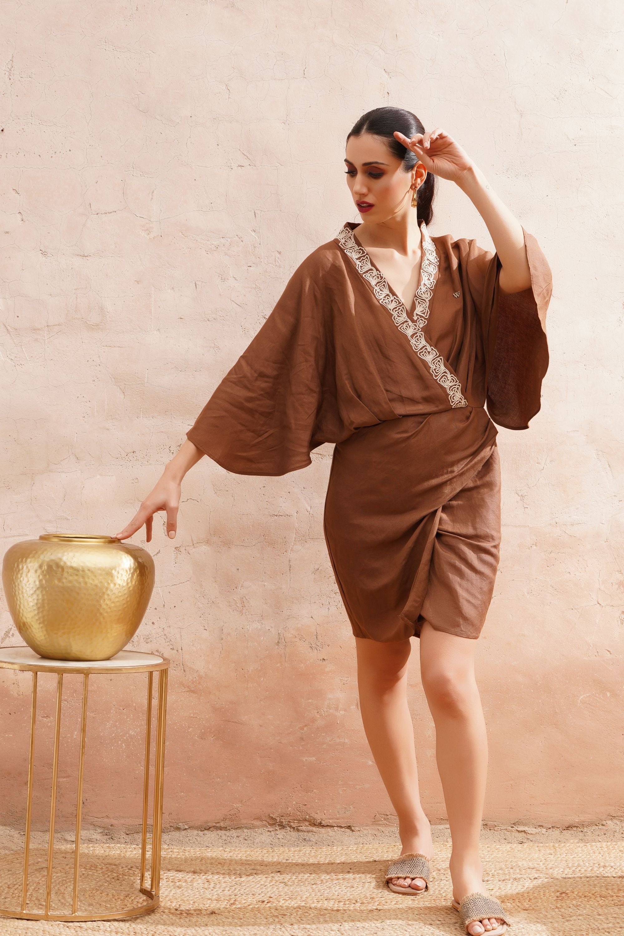 Brown Cotton Dress with Dori Embroidery