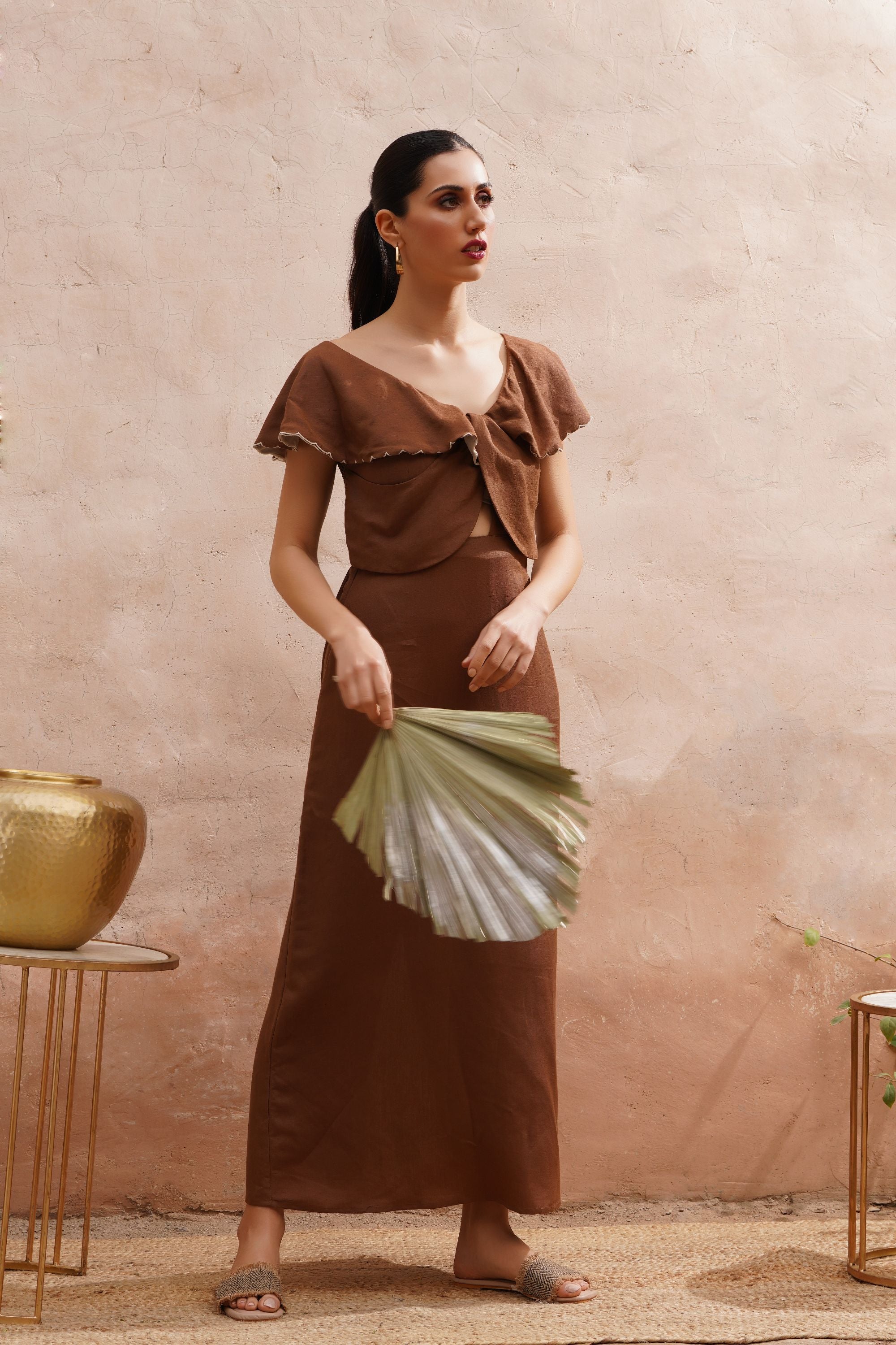 Brown Fitted Cotton Dress with Scalloped Edges
