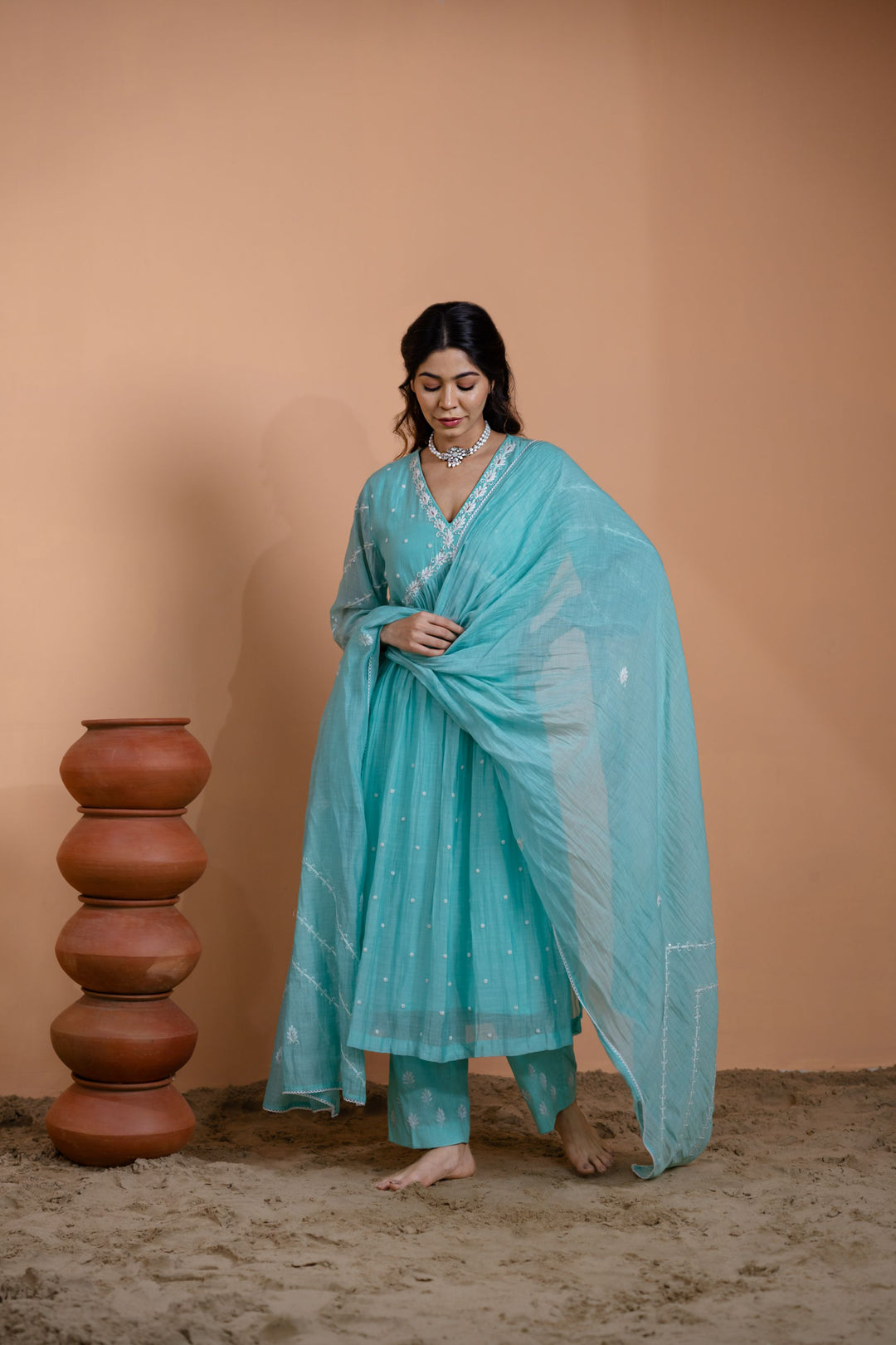 Aqua Blue Narrow Gathered Suit Set