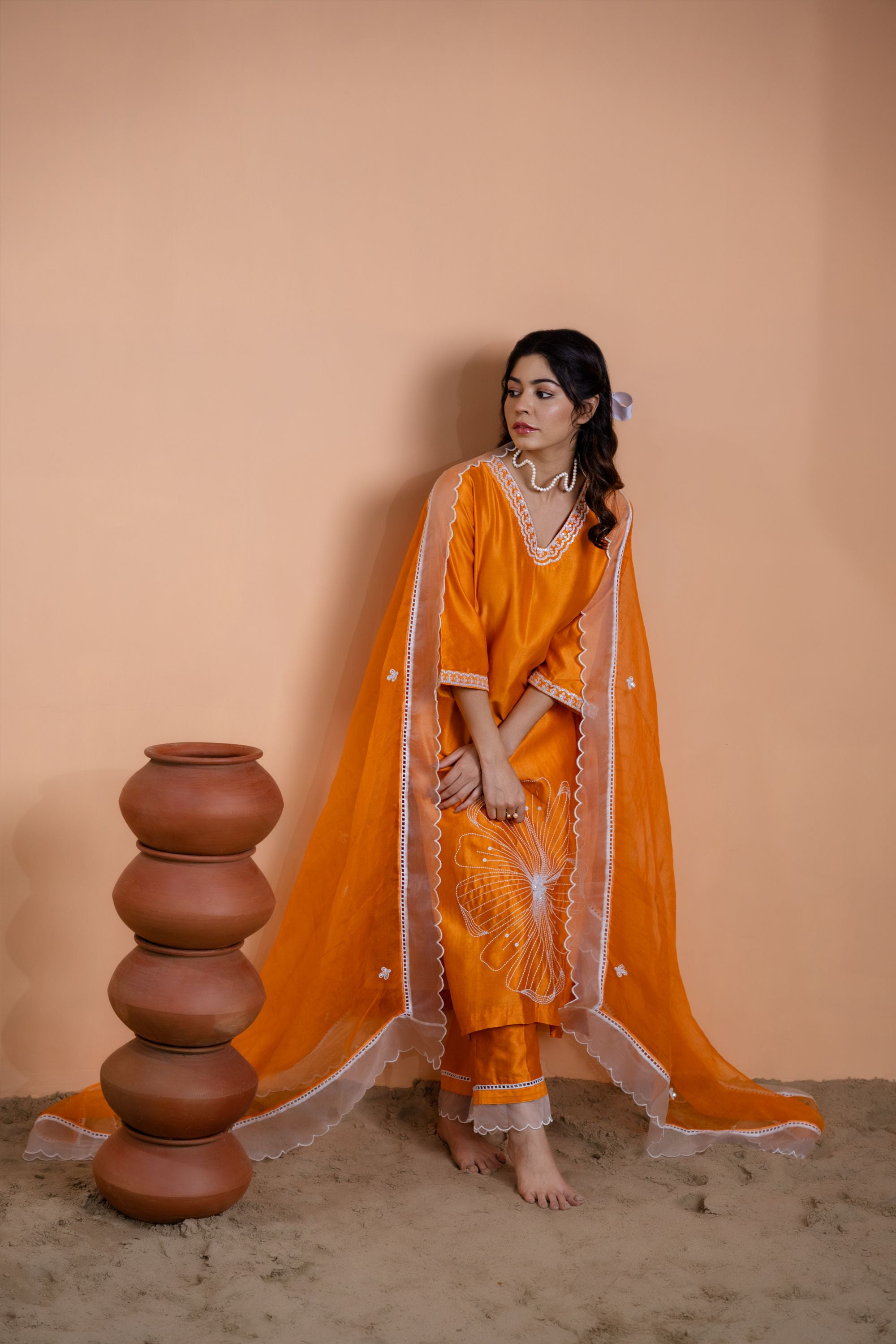 Orange Floral Motif Suit Set