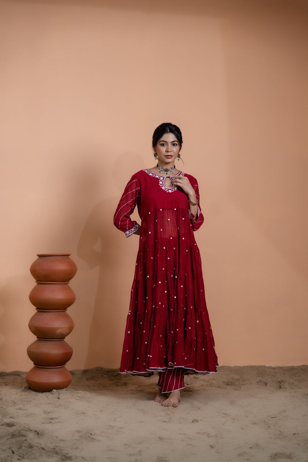 Maroon Tiered Anarkali Set