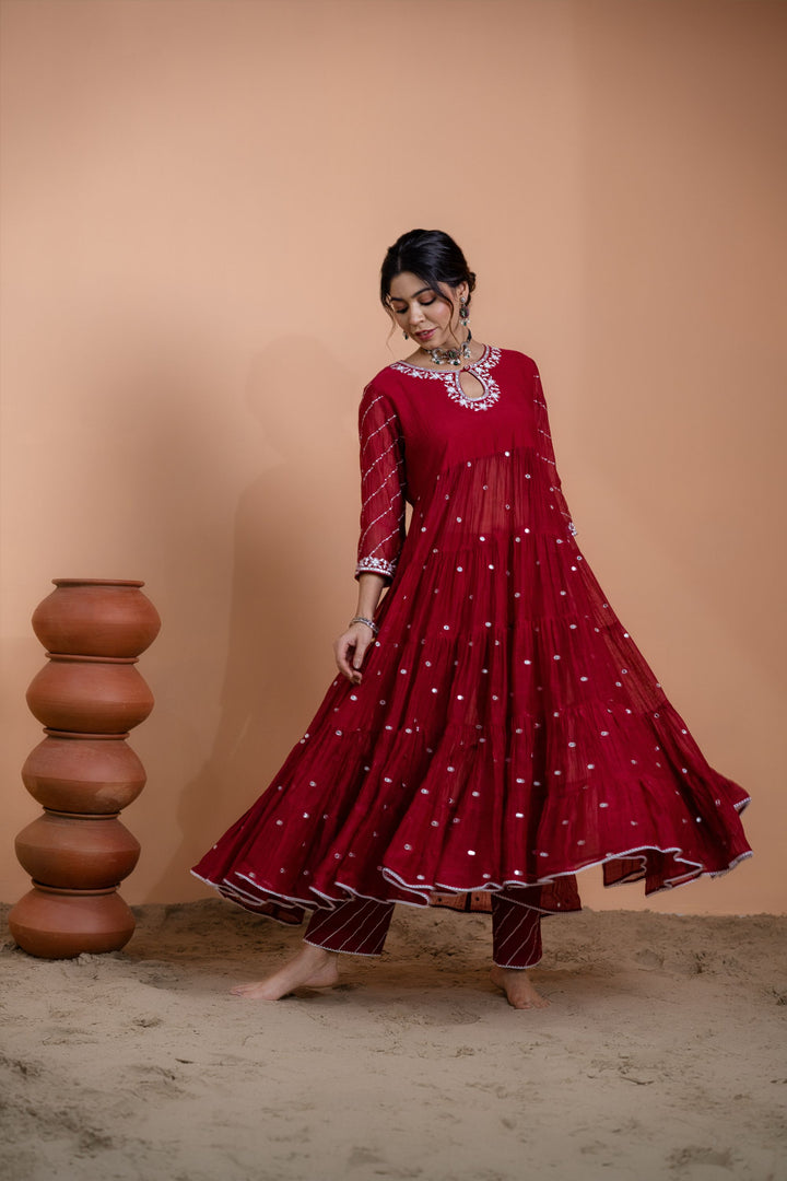 Maroon Tiered Anarkali Set