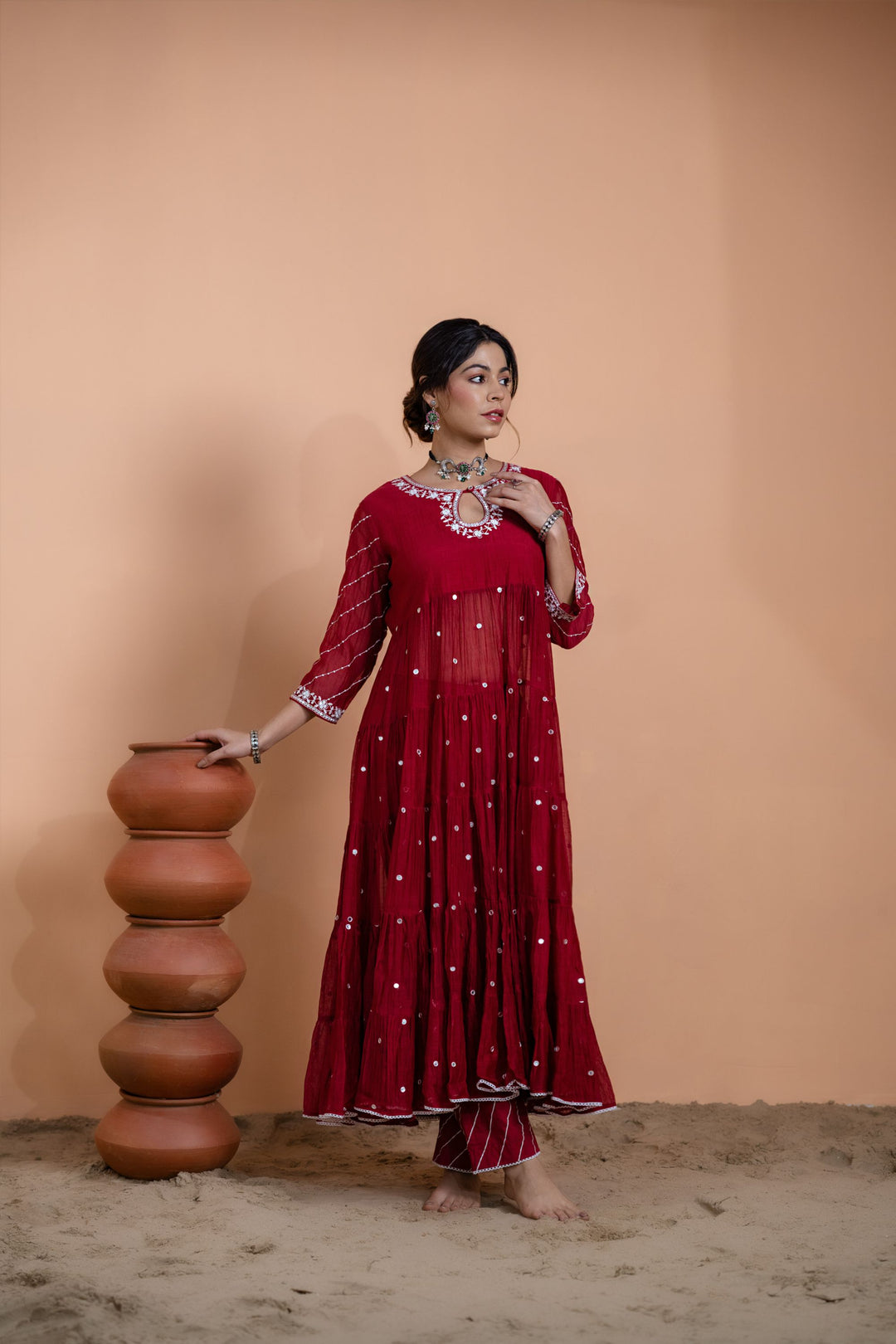 Maroon Tiered Anarkali Set