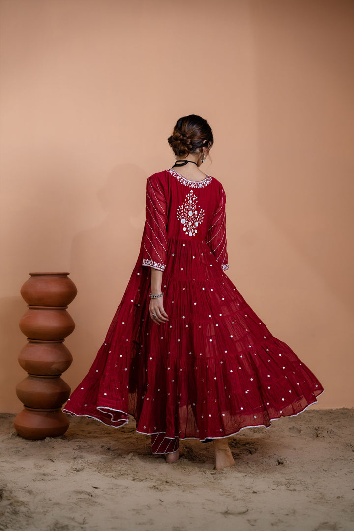 Maroon Tiered Anarkali Set