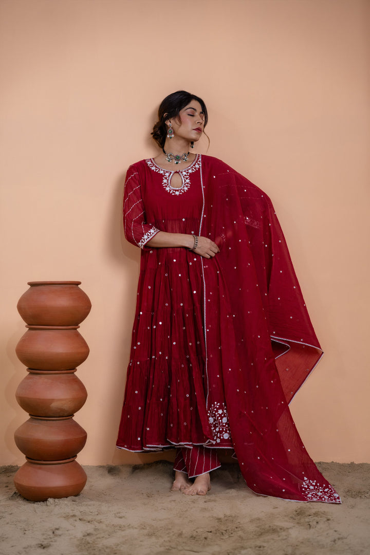 Maroon Tiered Anarkali Set