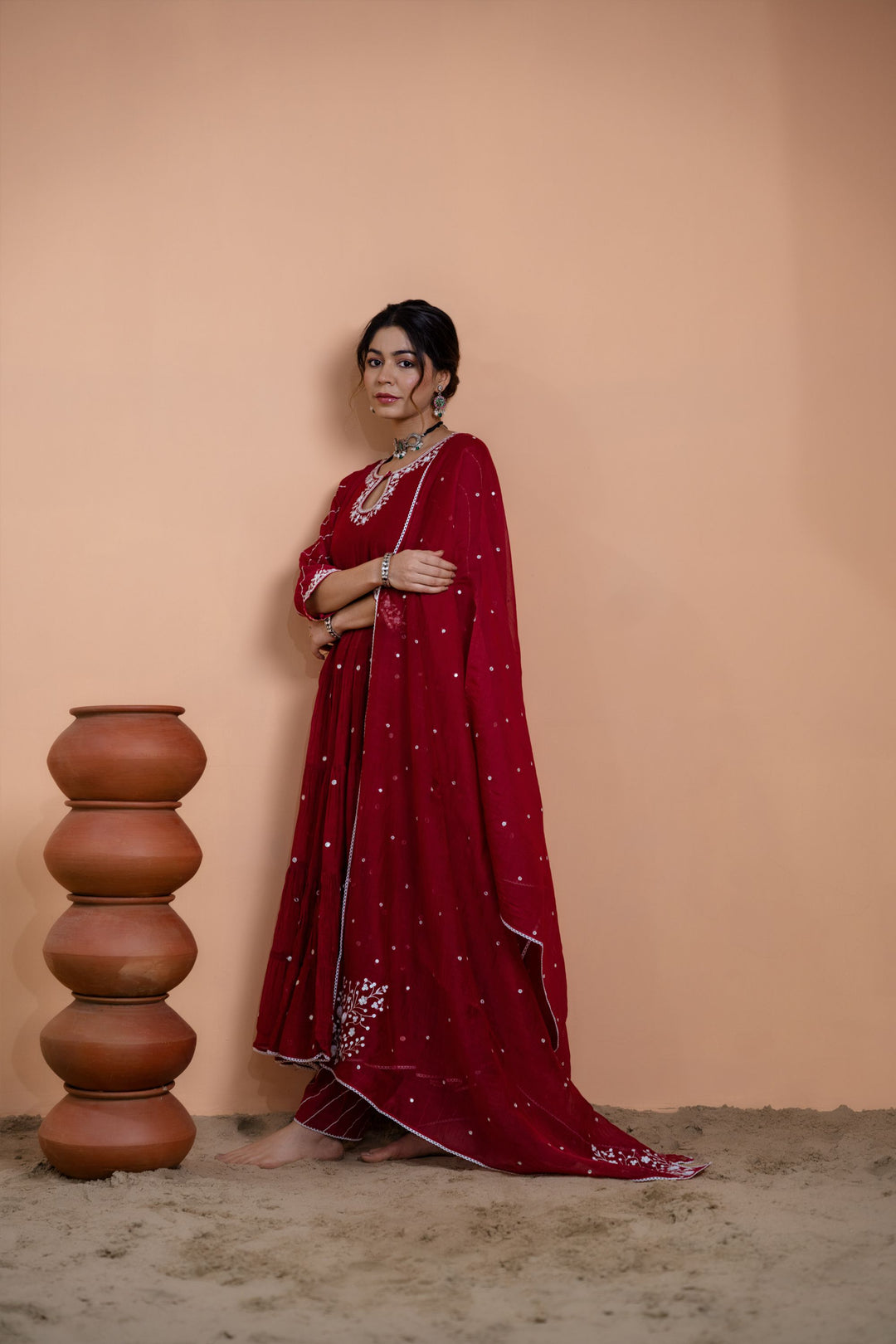 Maroon Tiered Anarkali Set