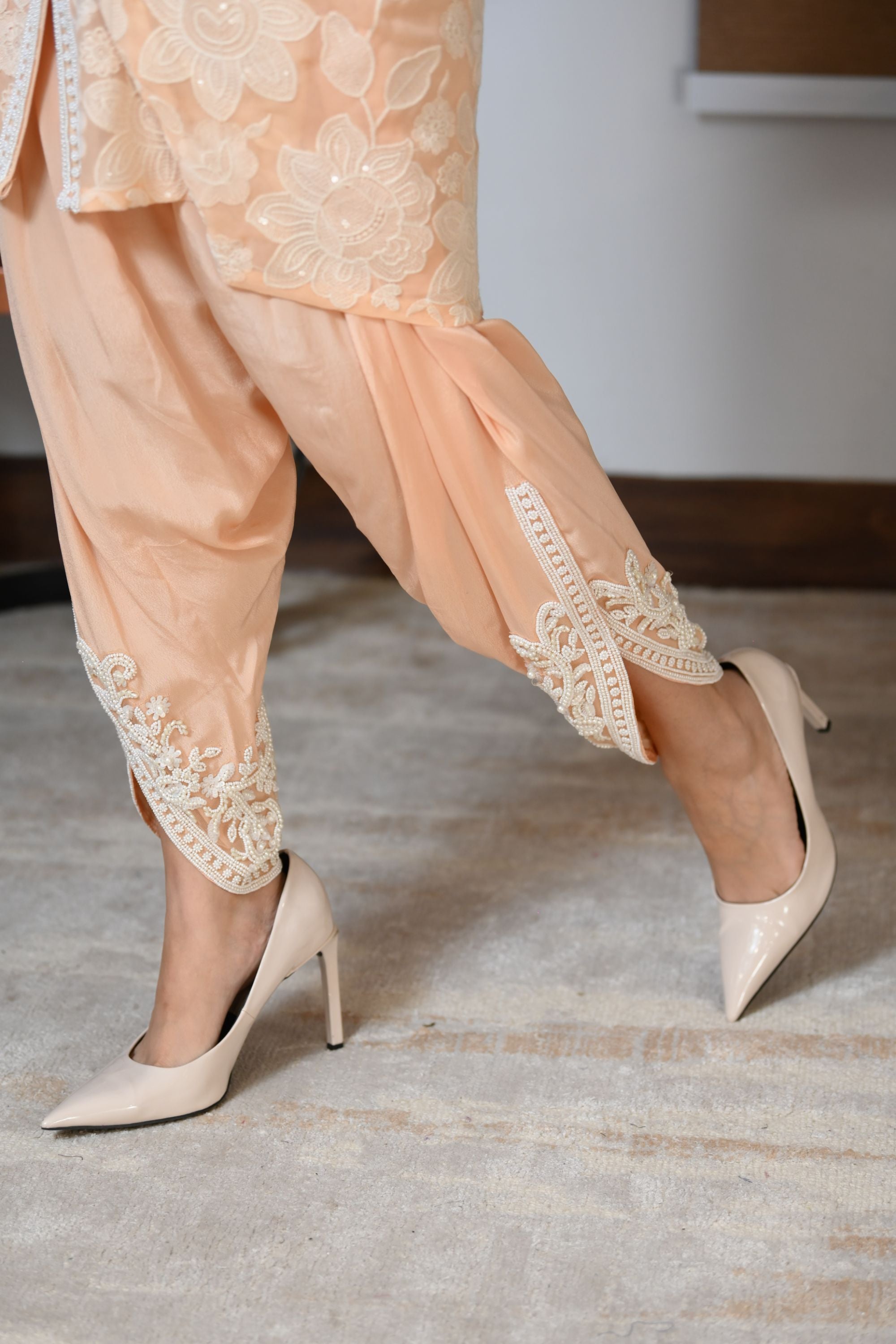 Peach Embroidered Top with Tulip Pants