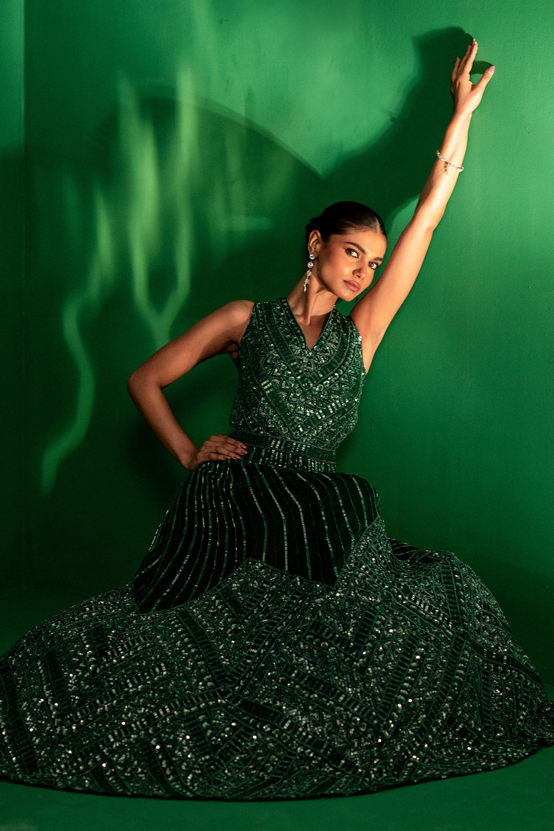 Emerald Enigma Hand-Embroidered Gown